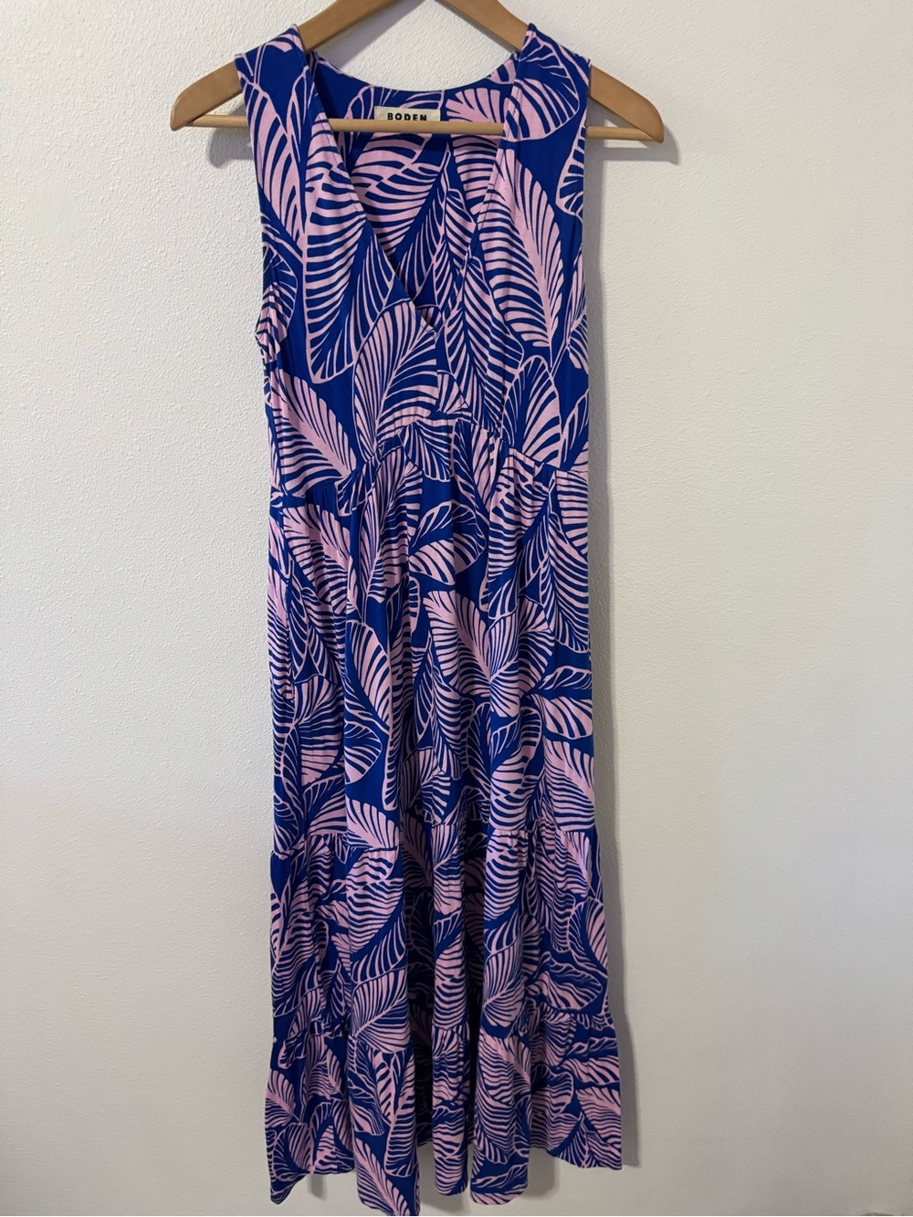 Boden Sylvia Maxi Tier Dress Blue Pink Palm Leaf Sleeveless Stretch Jersey-4R